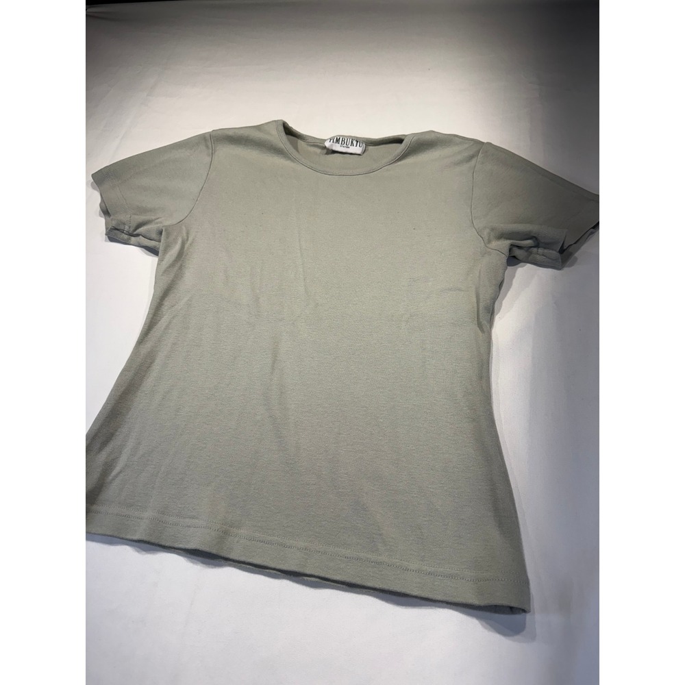 Timbuktu Station Womens Sage Green Ribbed Short Sleeve Crew Neck T-Shirt Vintage